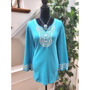 JM Collection Women's Blue Cotton V-Neck Long Sleeve Casual Top Blouse X-Large